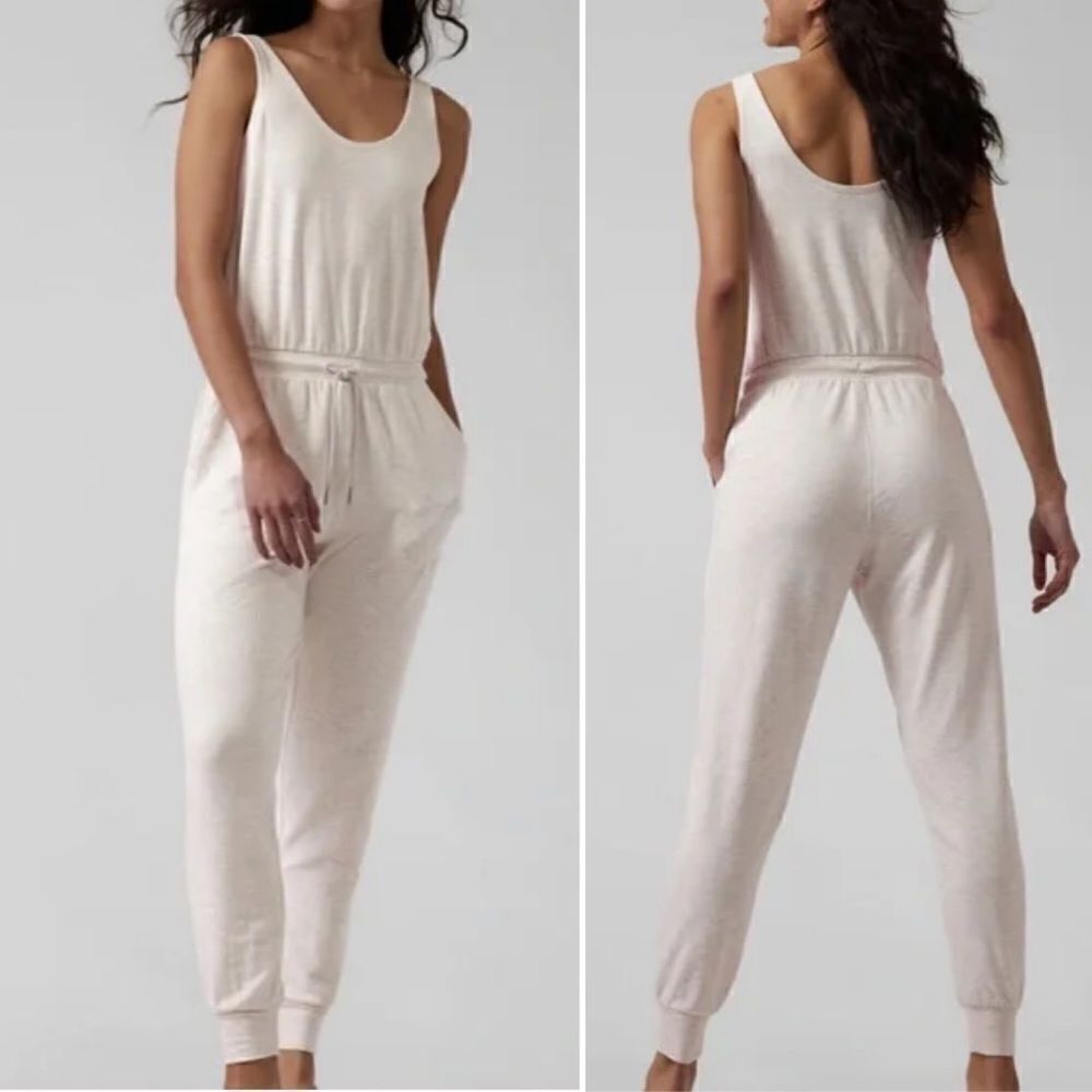 ATHLETA Women's Cream Sandstone Balance Waist Tie Jumpsuit sz M